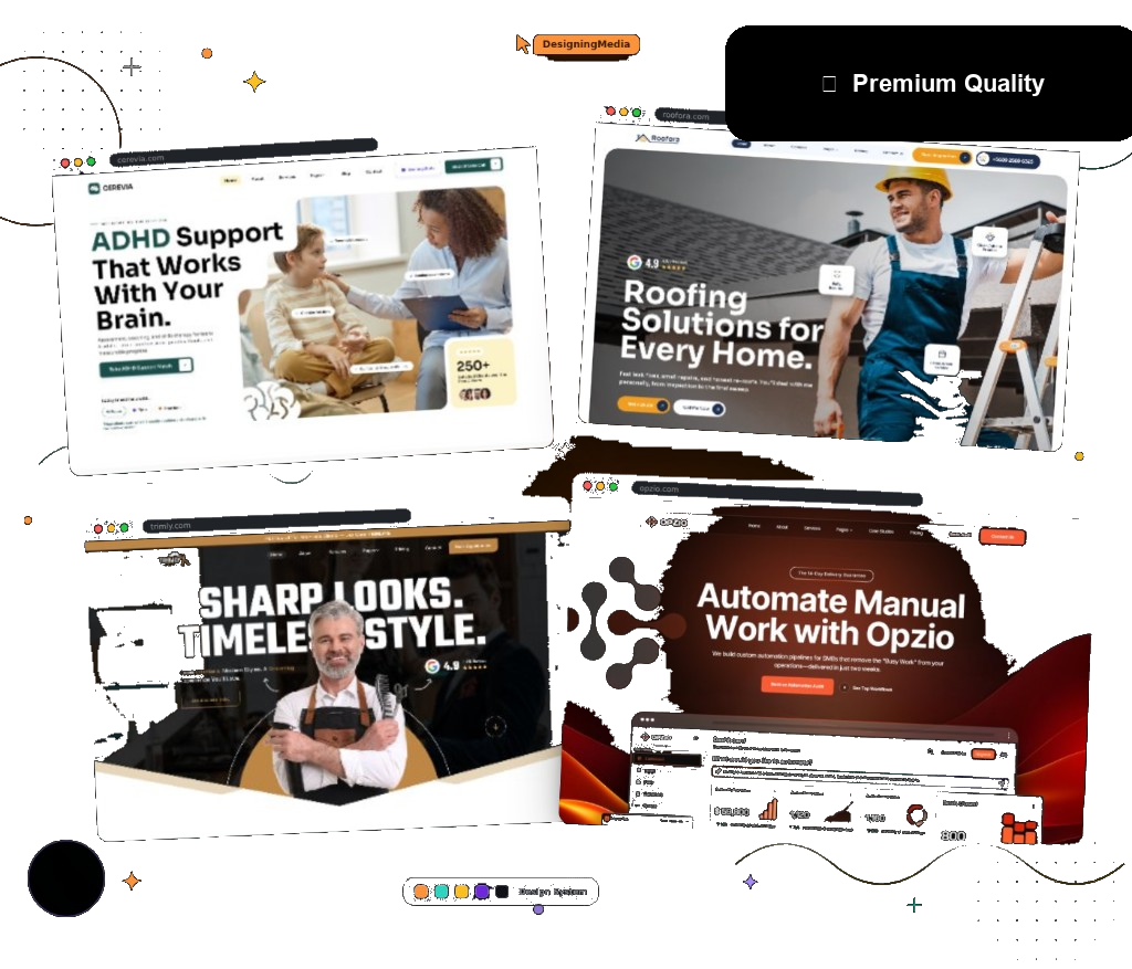 DesigningMedia template previews — Corevia, Roofora, Trimly and Opzio