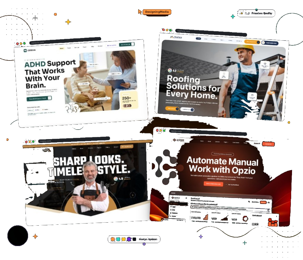 DesigningMedia template previews — Corevia, Roofora, Trimly and Opzio